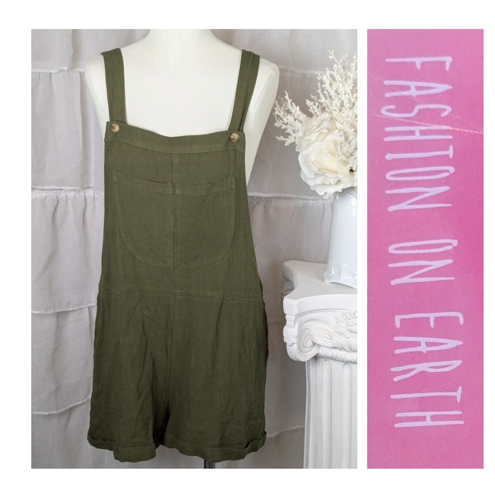 FASHION ON EARTH Linen Cotton Blend Olive Green Bib Short Overalls Size M